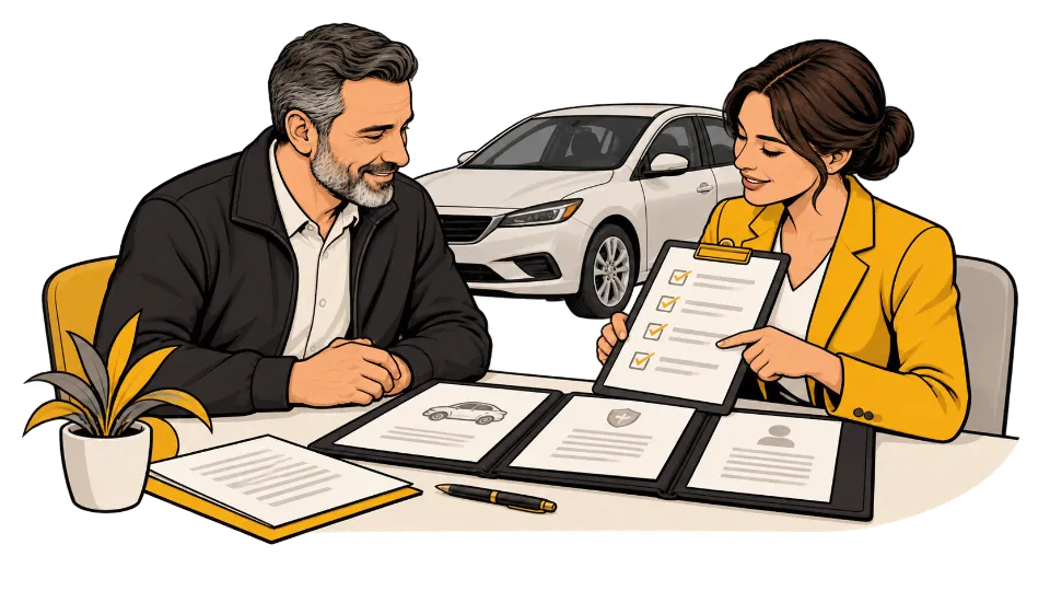 An experienced driver and coordinator review vehicle documents and a checklist together.