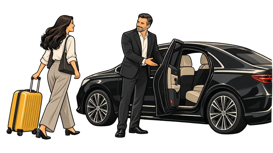 A private driver welcomes a traveler with a suitcase beside a sedan.