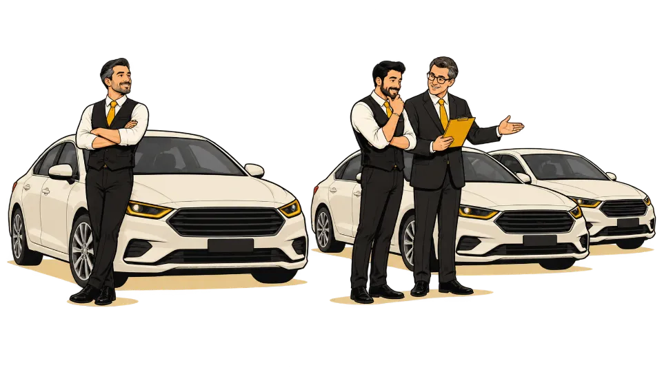 A driver with their own car, alongside a driver and partner discussing fleet vehicles.